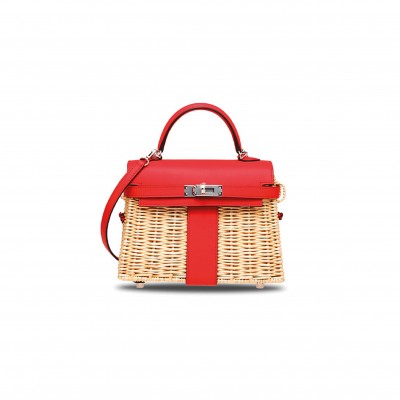 HERMÈS MASTER ROUGE DE COEUR SWIFT LEATHER & OSIER MINI PICNIC KELLY 20 WITH PALLADIUM HARDWARE (20*14*8cm) 